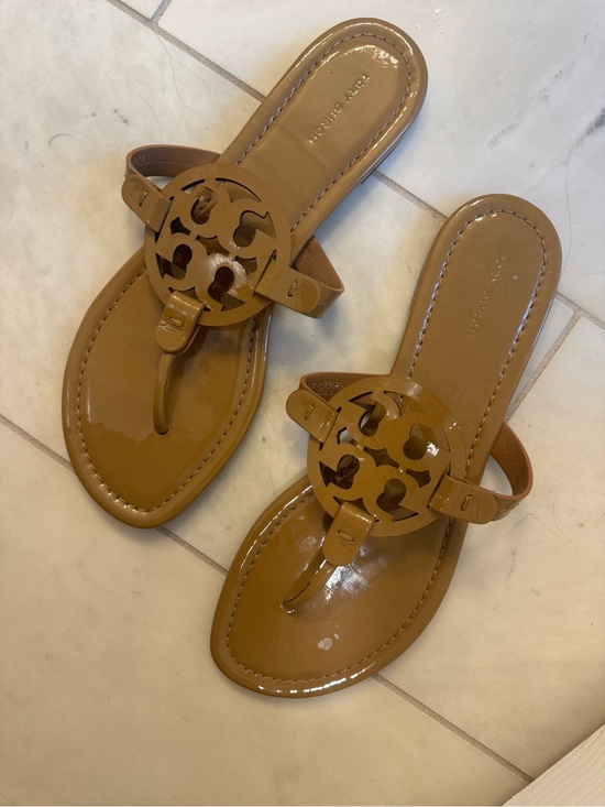 Tory Burch Shoes - Tory Burch Cognac Patent Leather Logo Thong Sandals
